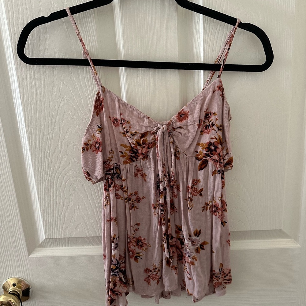 American Eagle Floral Pink Spaghetti Strap  Cutout Top